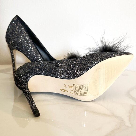 Black and Silver Glitter High Heels with Feather Poof - Picture 2 of 4